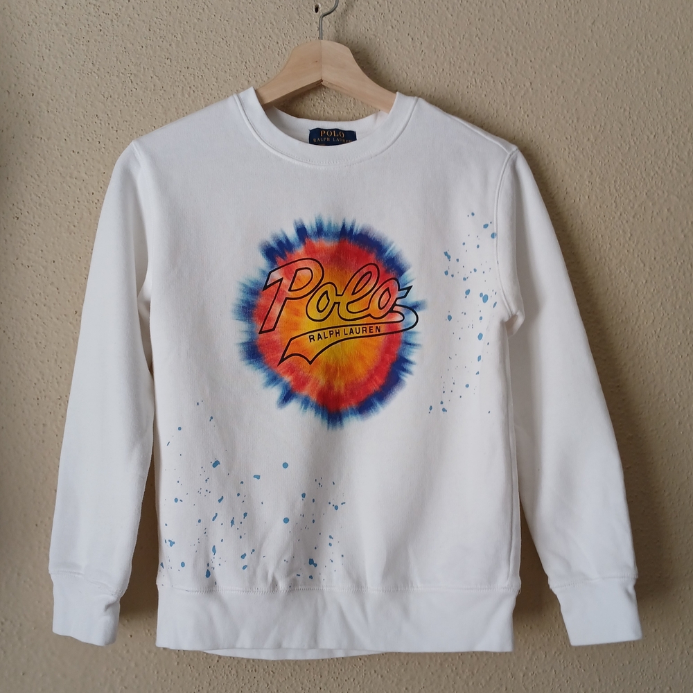 Polo by Ralph Lauren White Tie Dye Logo Sweatshirt Boys Size Medium (10-12)